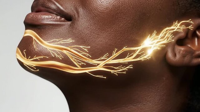 Close-Up Portrait of Woman's Jawline with Radiant Skin and Abstract Light Patterns for Beauty and Skincare Concepts