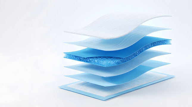 Exploded view of absorbent hygiene pad layers on white background