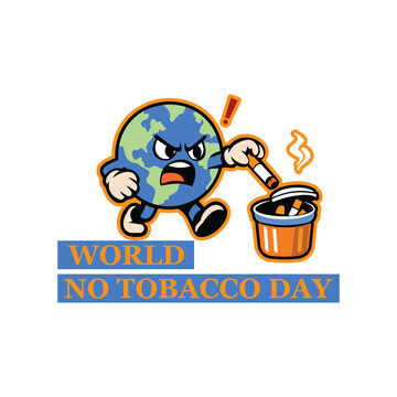 World No Tobacco Day Earth Throwing Cigarette,Vector illustration of Earth discarding cigarette into trash bin, symbolizing global anti smoking awareness and World No Tobacco Day campaign.