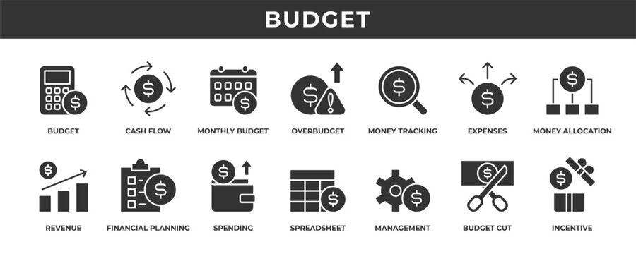 Budget icon set. Contains solid icons related to cash flow, revenue, spending, incentives, management, and more.