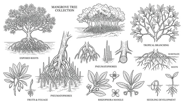 Mangrove tree collection botanical illustration set with roots, leaves and seedlings
