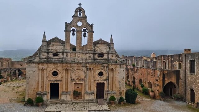 Panning view of Arkadi Monastery facade with bell towers and courtyard, then view through ancient arch, Rethymno, Crete, Greece
Orthodox heritage. Empty historical architecture,  Authentic slow travel