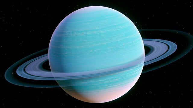 Uranus. The ice giant planet. Orbiting a star in the solar system. Showing its thin. Dark rings and a blue green atmosphere against a star filled deep space environment. Representing astronomy