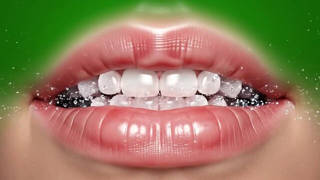 Close-Up View of Mouth With Bright White Teeth and Water Spraying for Oral Hygiene Demonstration Against Green Background