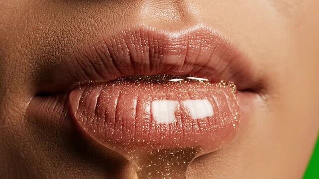 Close-Up View Of Woman's Glossy Lips With A Dropper Applying Shimmering Serum Against A Green Background