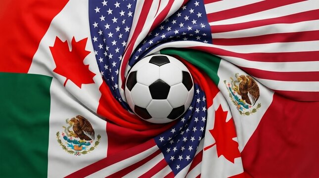 Soccer ball centered on swirling flags of Canada, United States, Mexico representing North American unity in sports. Concept of World Cup, global sports celebration, international football competition