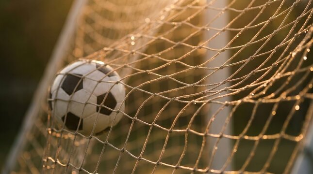 Soccer ball hitting the net during sunset, with sunlight illuminating the mesh and creating a dynamic sports scene. Concept of global sports celebration, international football competition