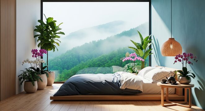 Beautiful mountain lake view from bedroom
