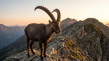 Obraz premium Alpine ibex standing on rocky mountain peak during sunset, showcasing rugged terrain with distant mountain ranges in the background, for wildlife and nature conservation content, ecology visuals