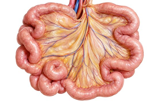 Anatomical 3D Illustration of Human Small Intestine and Mesentery with Blood Vessels Isolated on White Background.