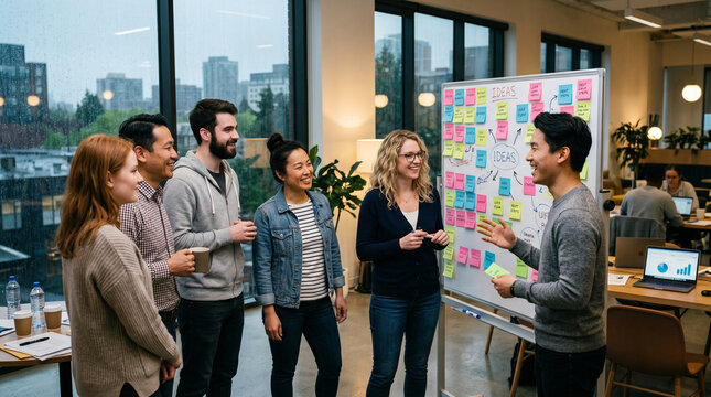 Diverse inclusive team collaboration and brainstorming session at modern office whiteboard, creative problem solving, cross-functional teamwork, innovation workshop, workplace diversity concept