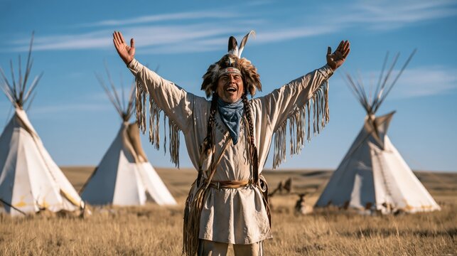 Happy Native American man in traditional attire with eagle feather headband standing beside tipis on the prairie under a bright blue sky