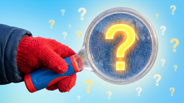 International ask a question day concept, magnifying glass focused on question mark, answer, Q and A, communication and brainstorming