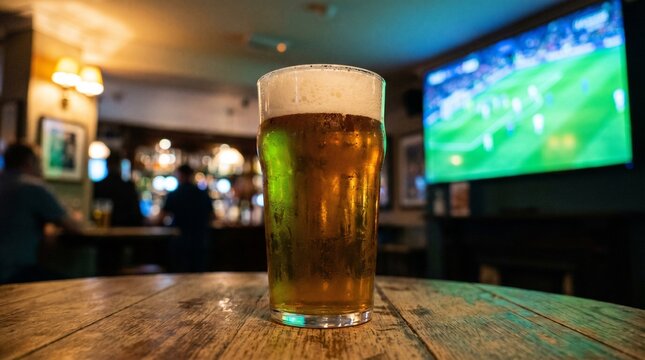 Glass of beer on wooden table in pub with blurred background showing sports game on television screen. Concept of global sports celebration, international football competition