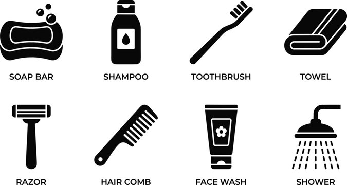 Personal hygiene care and grooming bathroom icon set featuring shampoo soap bar toothbrush razor comb towel and face wash vector elements