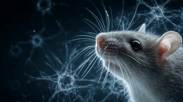 Research mouse looking up, surrounded by abstract glowing neural connections representing complex brain activity, scientific discovery, and medical advancement
