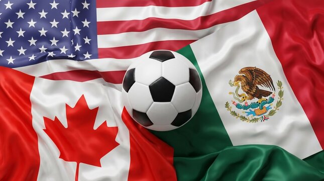 Soccer ball on flags of United States, Canada, and Mexico representing North American sports culture and unity. Concept of World Cup, global sports celebration, international football competition