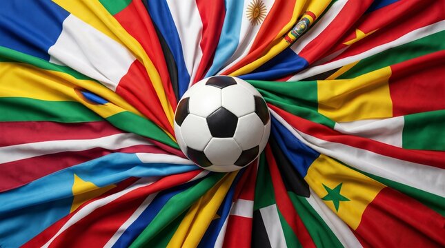 Soccer ball centered on a vibrant array of international flags, representing global unity in sports. Concept of World Cup, global sports celebration, international football competition