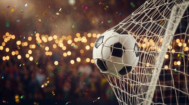 Soccer ball hitting the net during a match, with blurred crowd and festive lights in the background. Concept of, global sports celebration, international football competition