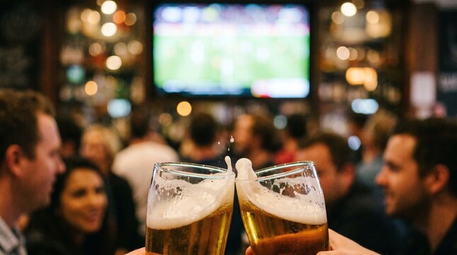 Two glasses of beer clinking together in a crowded bar with a sports game on a large screen in the background. Concept of World Cup, global sports celebration, international football competition