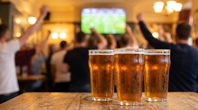 Group of people celebrating in a pub with raised hands while three pints of beer sit on a wooden table. Concept of World Cup, global sports celebration, international football competition