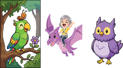Cute Cartoon Jungle Parrot, Purple Owl and Child Riding Flying Pterodactyl — Vector Illustration Set © Manna