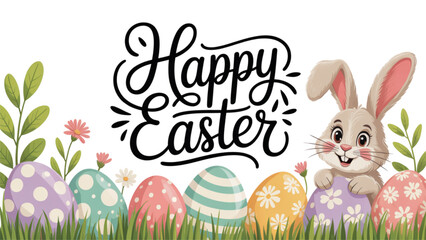 Happy colorful easter greeting card with flowers and eggs design Vector © MDSOPON