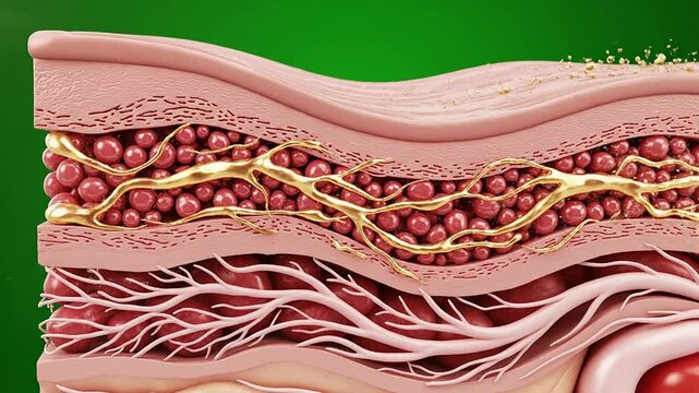 Detailed 3D Illustration Of Skin Layers Showing Cellular Structures And Biological Processes On Dynamic Green Background