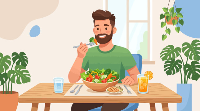 A cheerful flat vector illustration of a bearded man eating a healthy meal at a table.