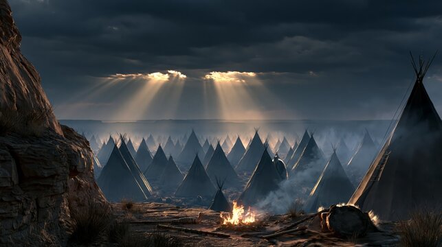 Dramatic storm clouds over a vast valley of teepees with ceremonial fire, drifting smoke, wooden flute and hide drum creating powerful Native culture mood