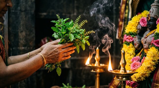 Devotee offering sacred tulsi leaves to Vithoba idol during ritual puja