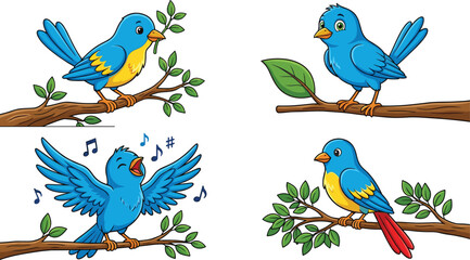 Naklejka premium Cute Cartoon Blue Birds Singing and Perching on Tree Branch — Four Pose Vector Illustration Set