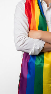 Person wearing a white shirt with arms crossed, draped in a rainbow flag, symbolizing LGBTQ+ pride and diversity.