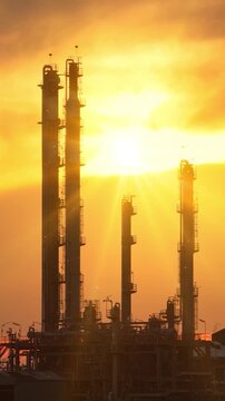 Cinematic aerial view of a petrochemical plant at sunset. Industrial towers, pipelines, and refinery structures stand against a glowing orange sky as warm sunlight reflects across the facility