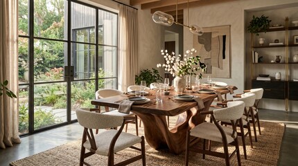 Fototapeta premium Elegant Modern Dining Room Interior with Natural Light and Organic Wooden Table