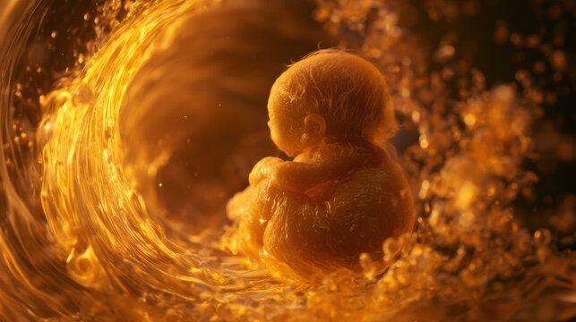 A human fetus in a curled position at 36 weeks development is shown in warm amber fluid against a dark background with focused lighting