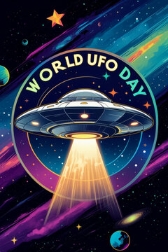 Banner poster postcard world day UFO, flying saucer spacecraft in space with planets AI Generative