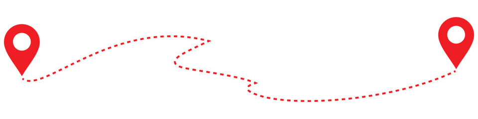 Fototapeta premium Navigation route illustration with dotted travel path connecting two location markers. Editable vector for maps, travel planning or delivery services.