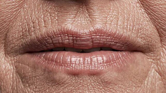 Surreal Close-Up of Water Droplets on Elderly Lips Highlighting Texture and Reflection for Artistic and Conceptual Photography