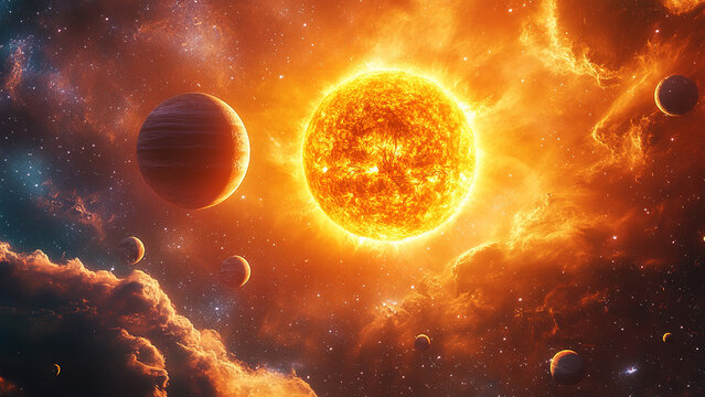 fire sun and planets on dark space sky background 