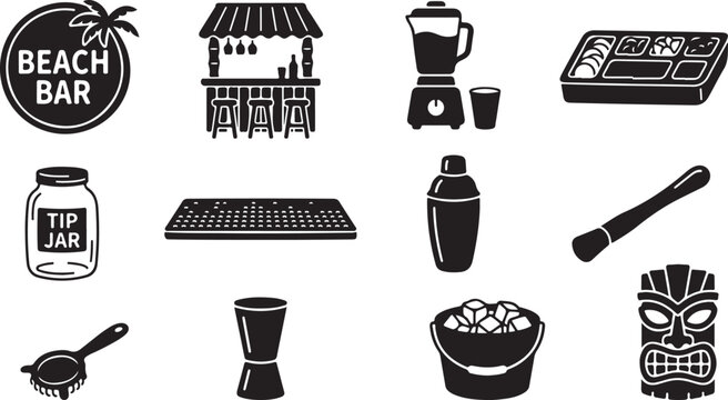 A collection of black and white representing a beach bar, including a tiki sign, bar counter, blender, tip jar, cocktail shaker, muddler, strainer, jigger, ice bucket, and tiki mask