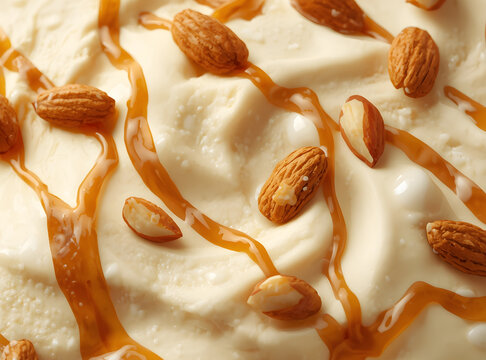 Creamy vanilla yogurt or ice cream texture with caramel swirl ribbons and scattered whole almonds