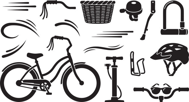 Black and white bicycle set featuring a cruiser bike, woven basket, safety helmet, u-lock, air pump, handlebars with streamers, water bottle cage, kickstand, bell, and sunglasses