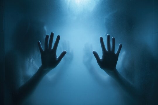 Women communicating through hand reflections on opposite sides of fogged spa glass, with cinematic blue shadows and tactile emotional intimacy atmosphere.