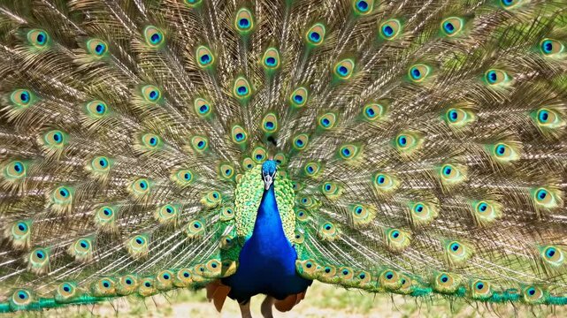 Majestic male peacock displays his spectacular iridescent train of vibrant emerald and sapphire eye-spotted feathers in a natural outdoor setting showcasing his magnificent courtship ritual