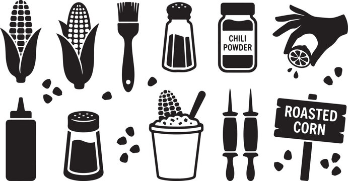 Black and white set of roasted corn preparation, featuring corn cobs, chili powder, lime, seasoning shakers, basting brush, corn in a cup, skewers, and a roasted corn wooden sign