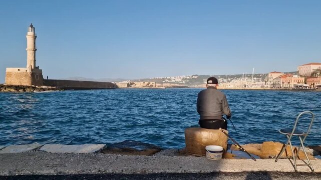 Old fisherman from back in Chania old port with lighthouse background. 4k video of Venetian harbor before sunset with sea waves sound and bucket for fish. Authentic Crete lifestyle