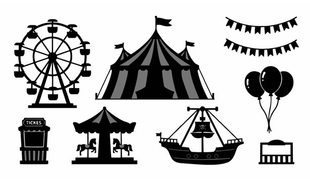 Carnival and circus black silhouette amusement park vector icon set