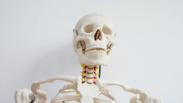 Human skeleton anatomical model displayed in neutral lighting and white background