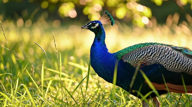 Majestic Indian peacock with vibrant blue and green plumage gracefully walks through a sun-dappled grassy meadow, showcasing its magnificent iridescent feathers in a natural outdoor setting
